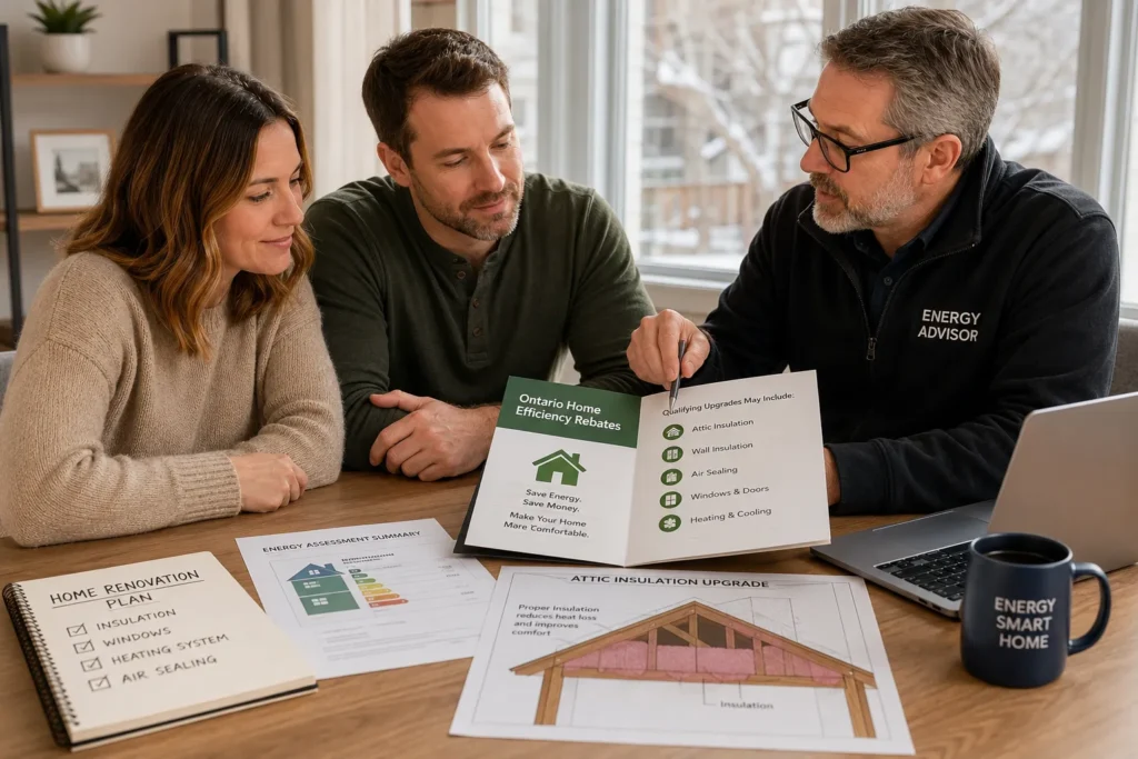 Ontario homeowner reviewing insulation rebate information before upgrading attic insulation